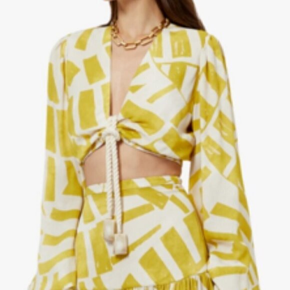 House of Harlow 1960 Abstract Linen Crop Top Bishop Sleeves Tropical Small - Picture 1 of 6